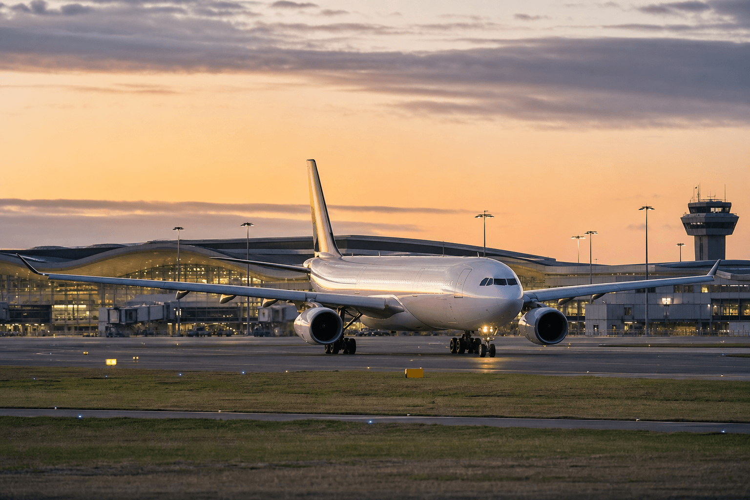 An Airbus A330 operated by a low-cost Asian carrier taxiing at a modern airport terminal at dusk
