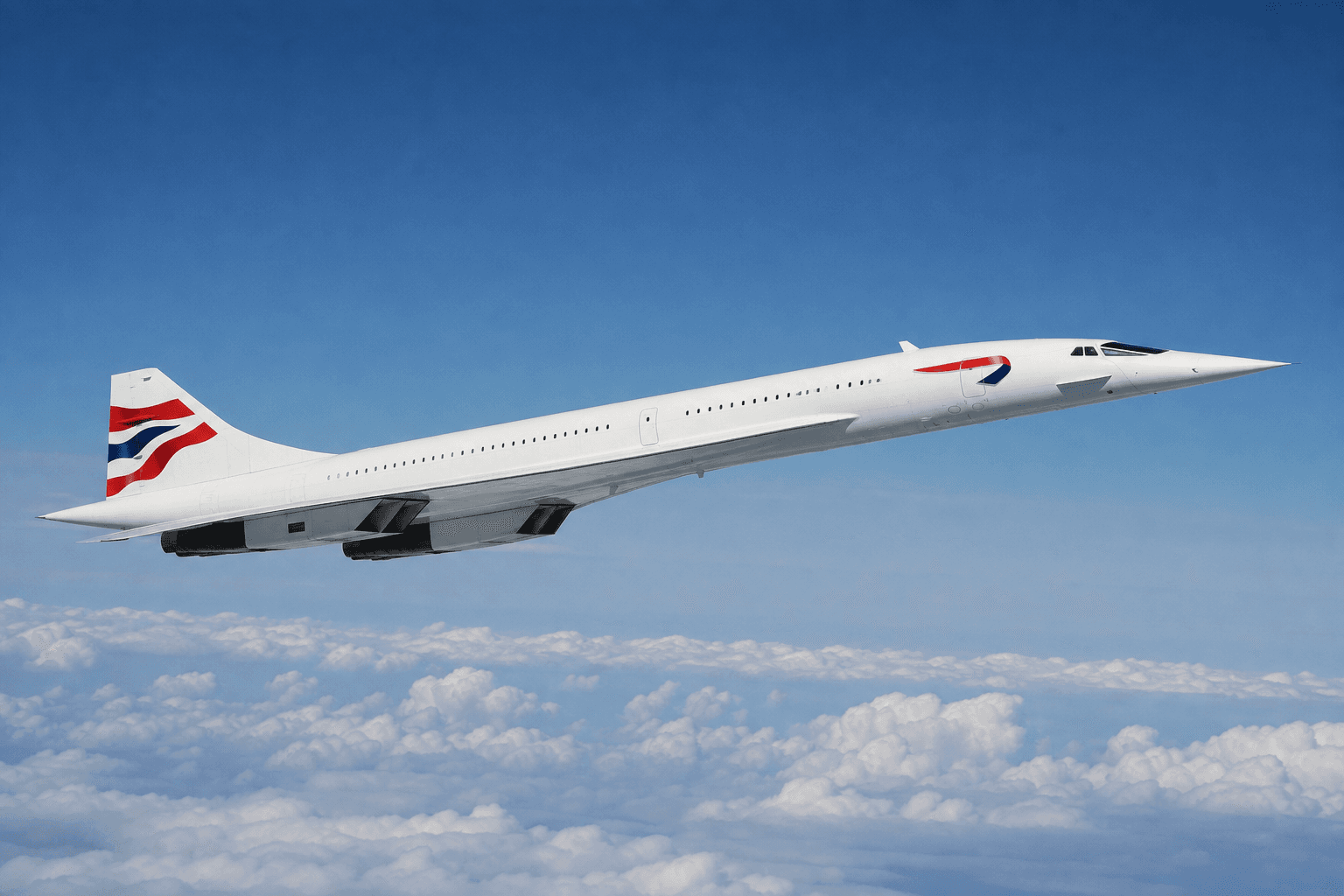 Concorde supersonic airliner cruising above clouds showing narrow cabin windows