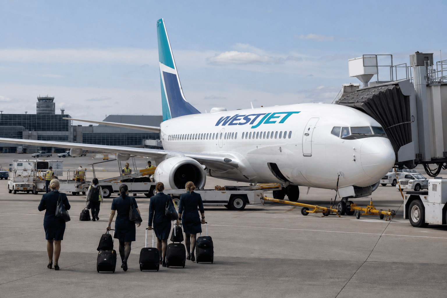 WestJet aircraft parked at airport gate under cloudy sky with flight attendants walking nearby