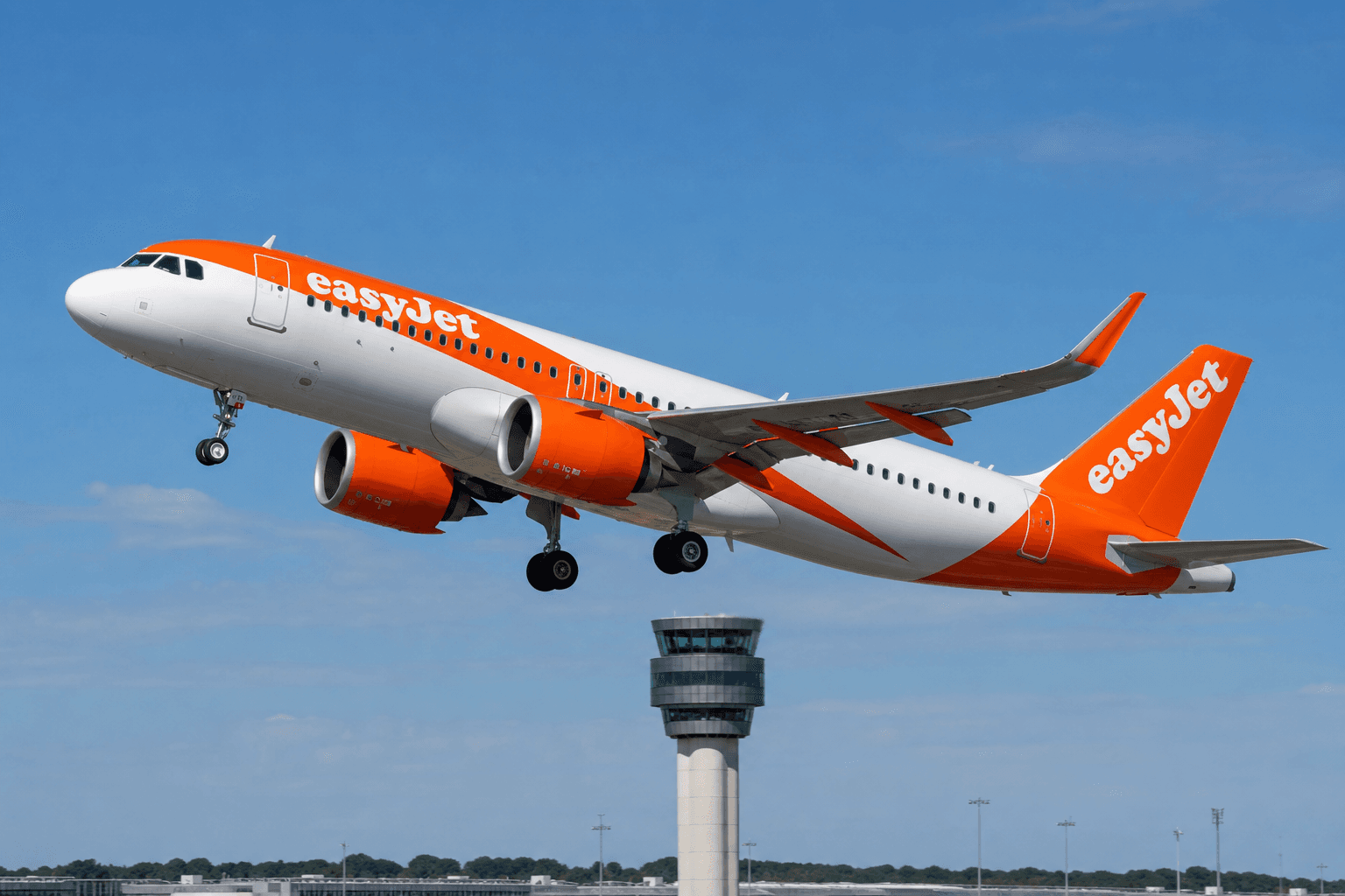An easyJet Airbus A320neo taking off from London Gatwick Airport on a clear day