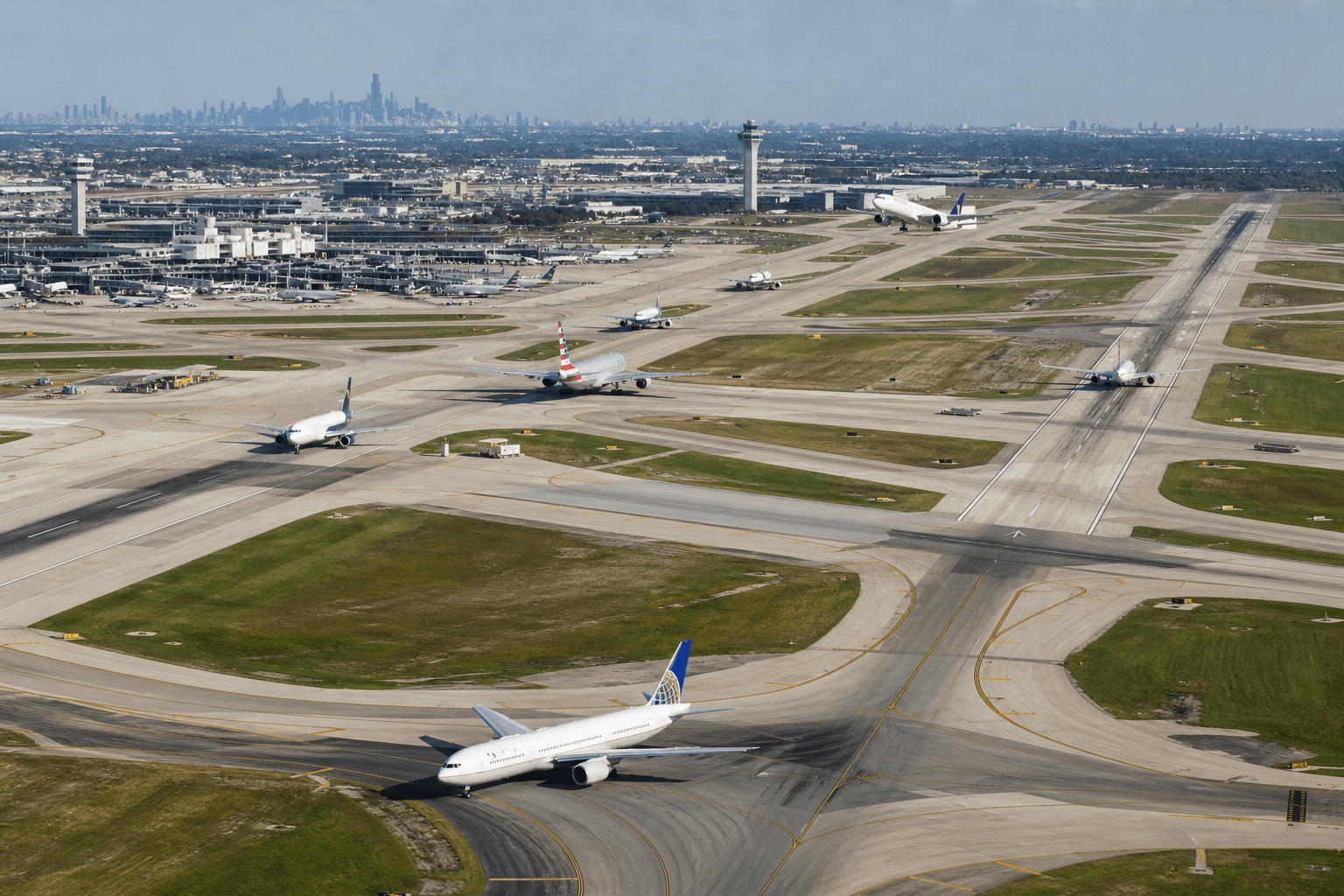 Wide aerial view of Chicago O'Hare International Airport showing multiple runways and aircraft movements.