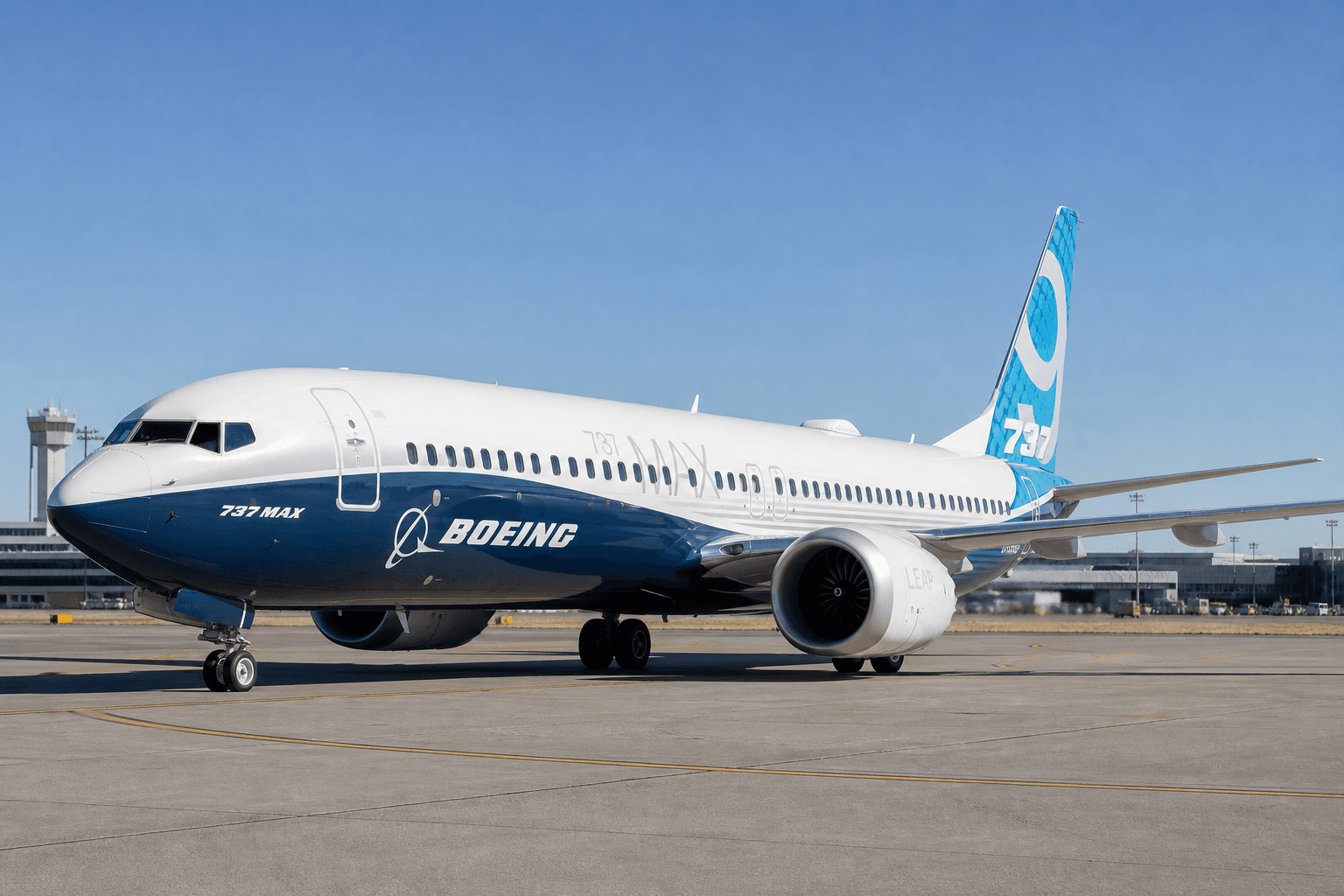 Boeing 737 MAX 10 taxiing on airport runway during daylight