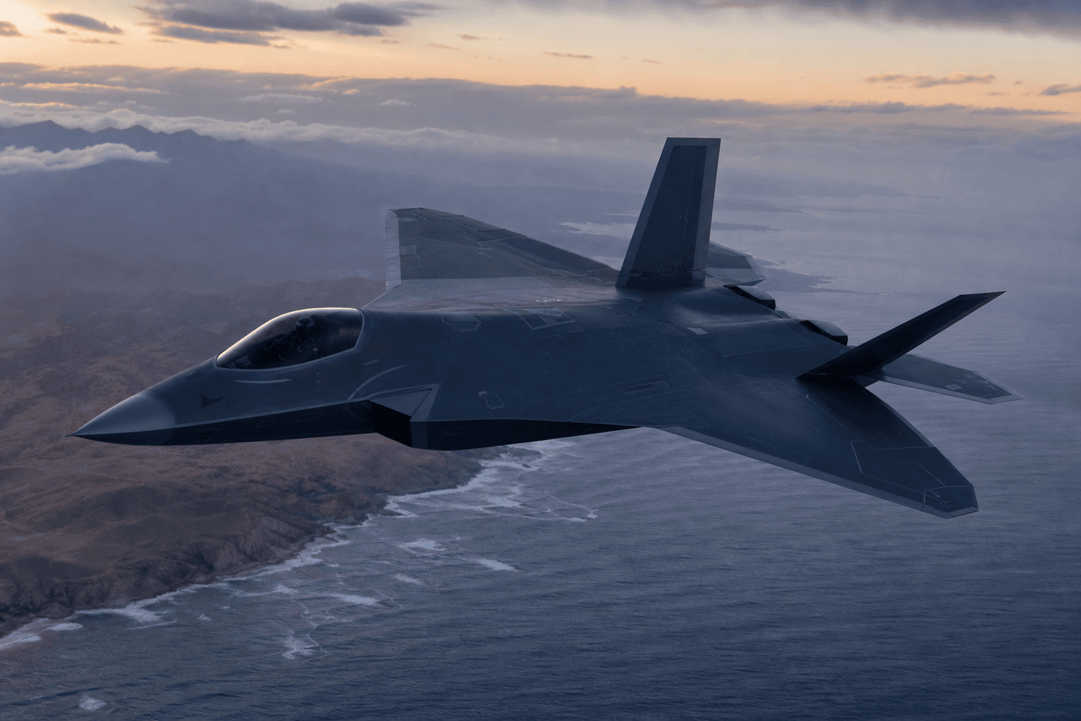 A sixth-generation stealth fighter jet in flight over a coastal landscape at dusk