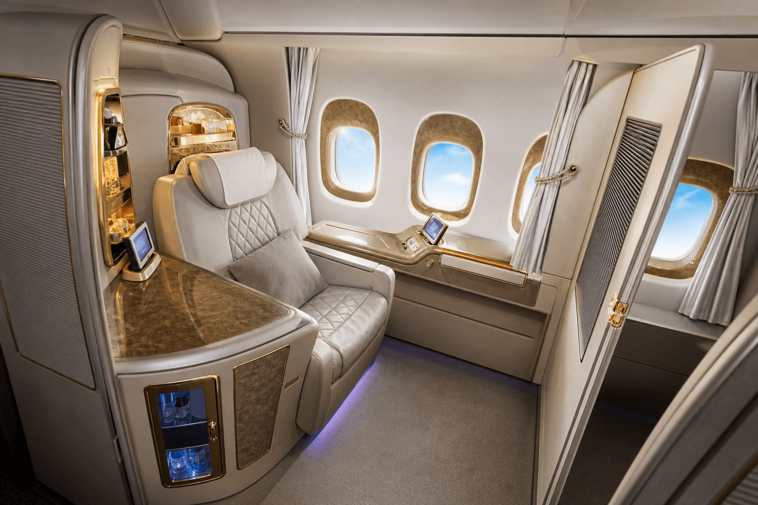 Emirates first class suite interior showcasing luxury seating and amenities