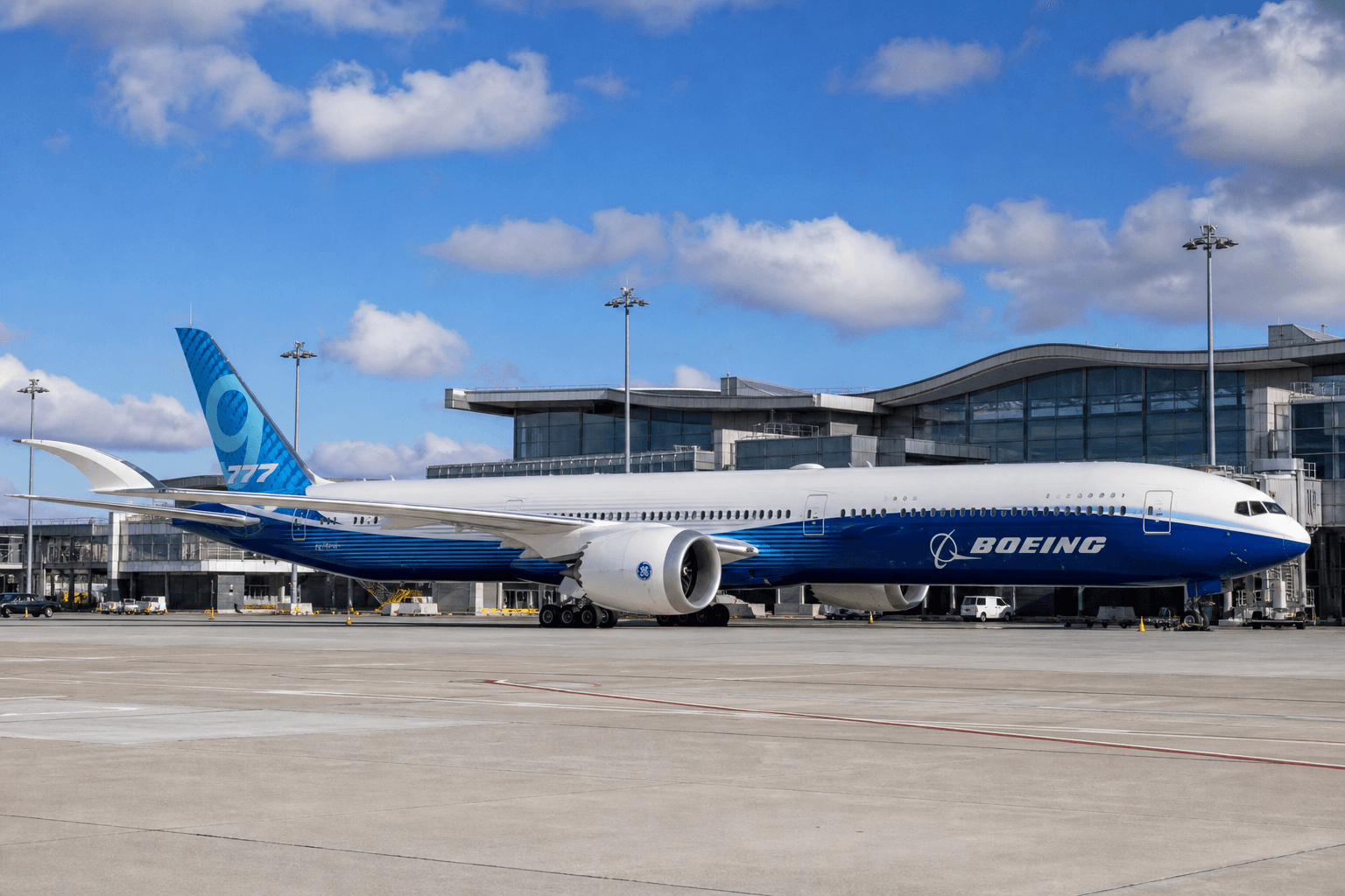 A Boeing 777X with its folding wingtips deployed at an airport gate