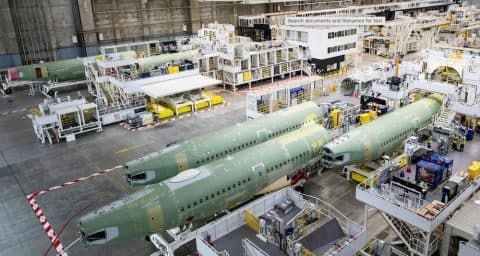 Airbus A320neo jet on assembly line inside Toulouse's Jean-Luc Lagardère production facility