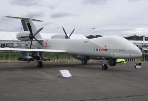 Eurodrone unmanned aerial system flying over European landscape showing multinational defense collaboration