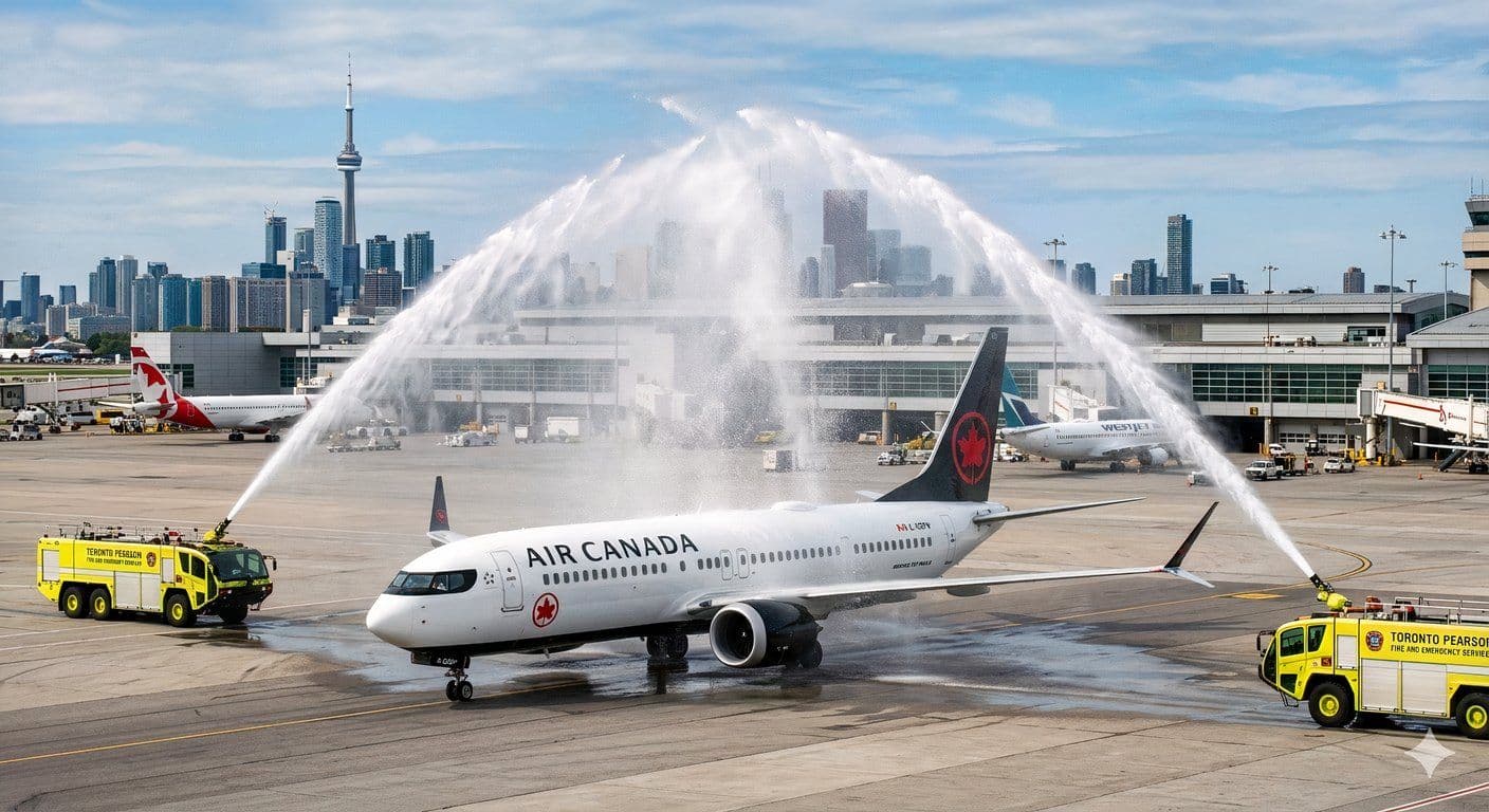 Commercial airplane taking off at a busy international airport under clear skies