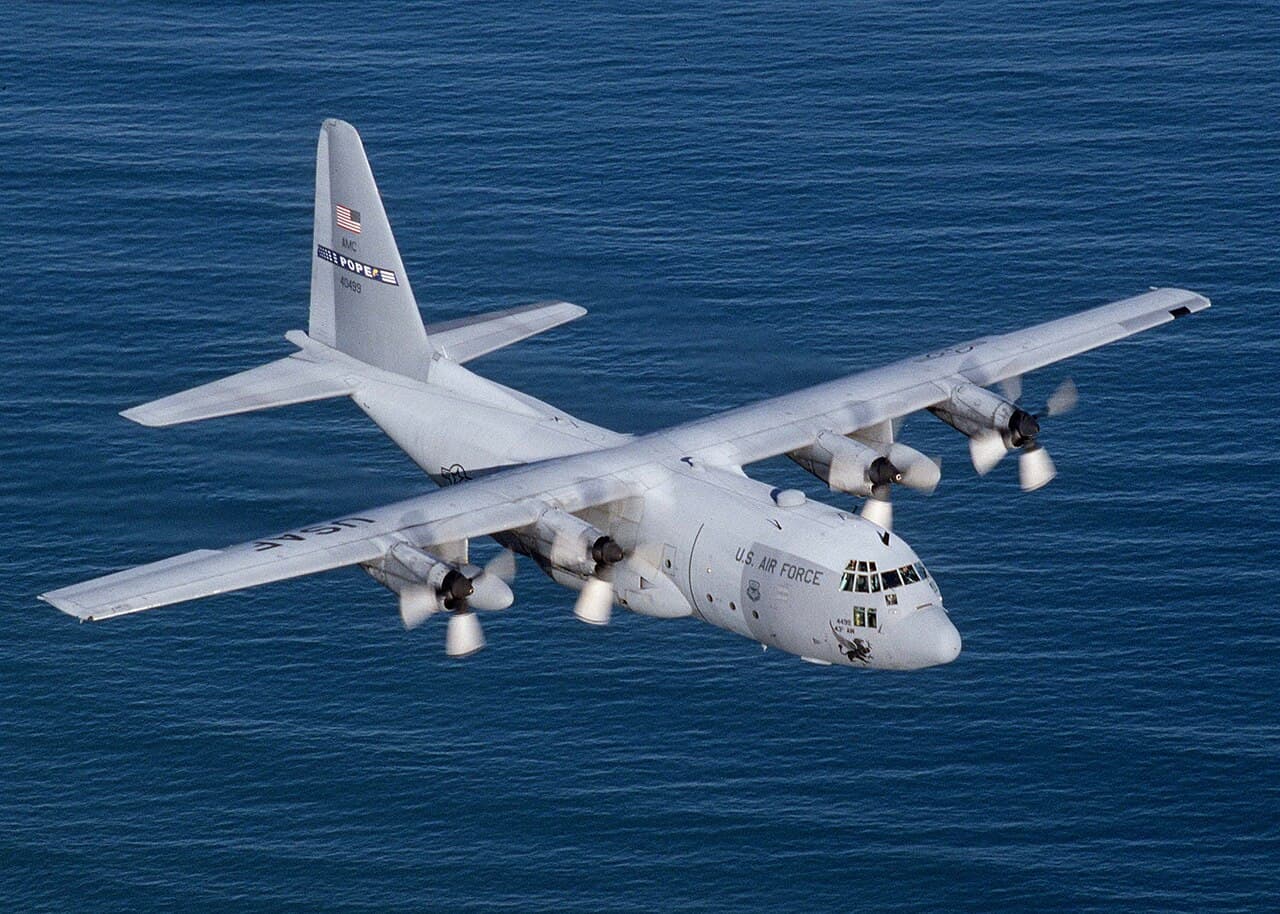 Lockheed Martin C-130 Hercules aircraft at a military MRO facility