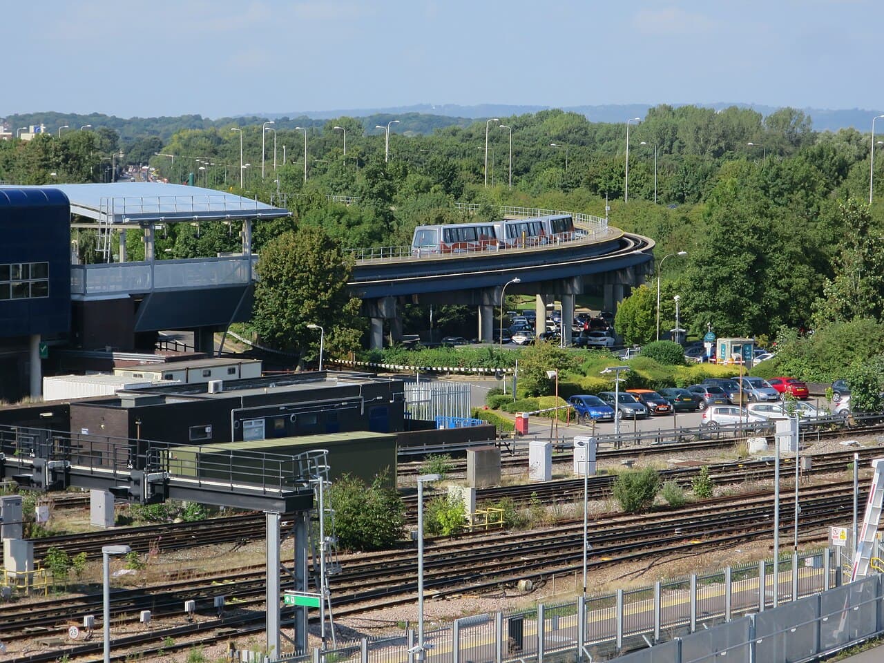 London Gatwick Airport with runway and terminal buildings in daylight