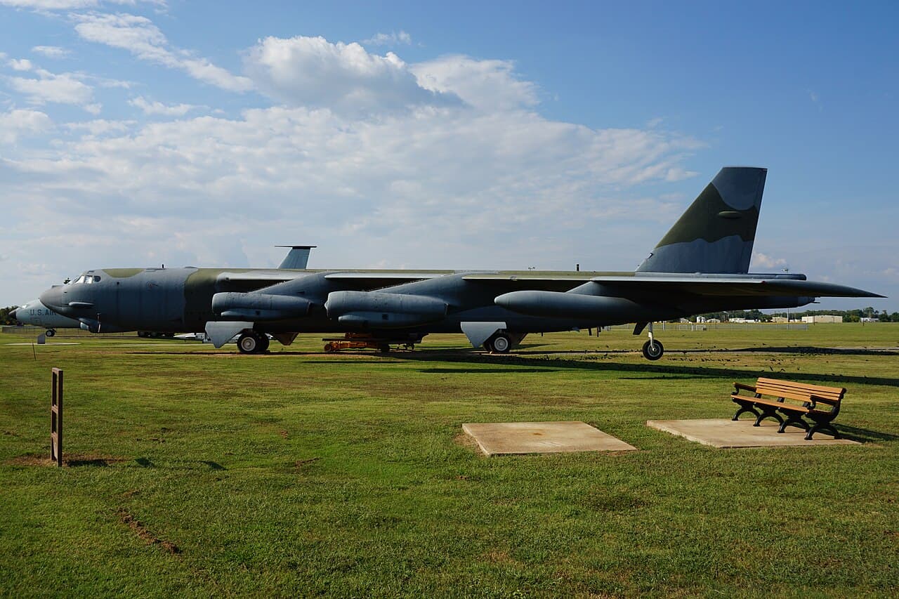 B-52 bomber in flight over military test range