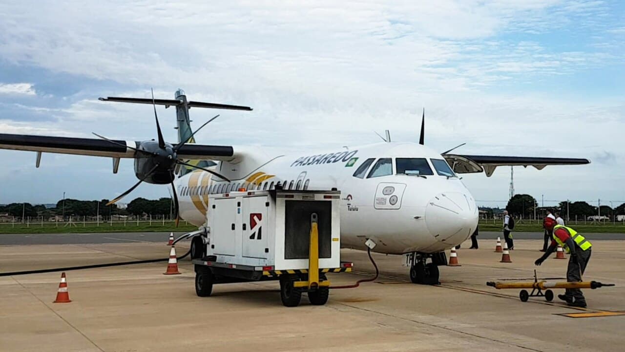ATR 72 on Brazilian airport ramp under overcast skies with maintenance crew nearby