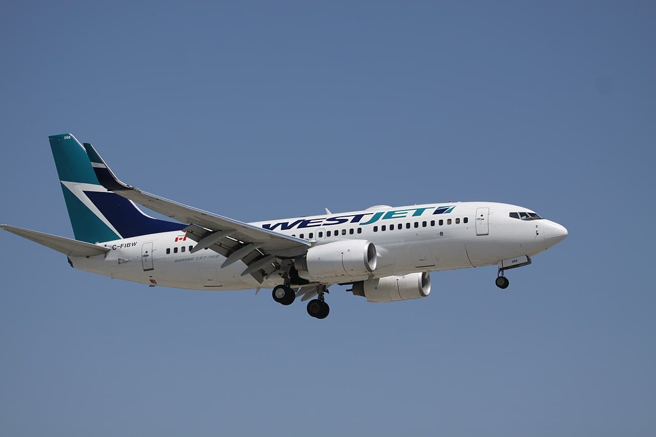 WestJet aircraft on the tarmac with a glass of craft beer featured onboard service