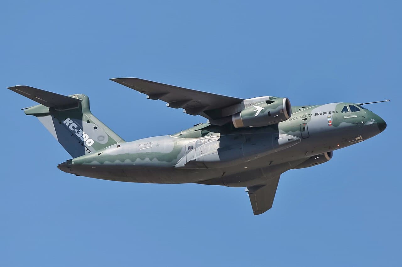 Embraer C-390 Millennium military transport aircraft parked on a tarmac under daylight